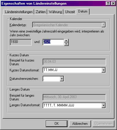 Ländereinstellung/Datum