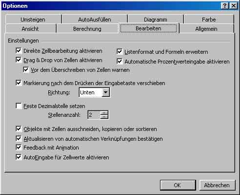 Excel-Menü: Extras - Optionen